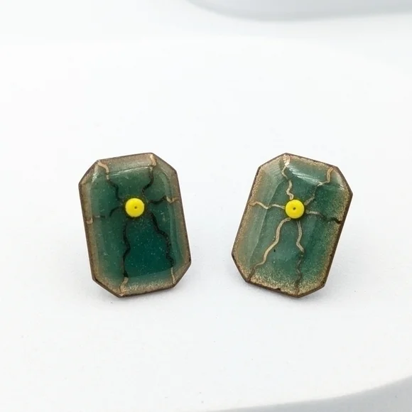 4/24$  Hand crafted artisan earrings green and yellow enamel - Picture 2 of 5
